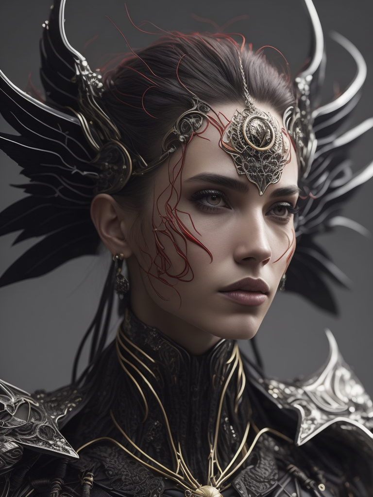 Complex 3d render ultra detailed of a beautiful death angel, biomechanical cyborg, analog, 150 mm lens, beautiful natural soft rim light, big leaves and stems, roots, fine foliage lace, colorful details, samourai, boris bidjan saberi outfit, pearl earring, piercing, art nouveau fashion embroidered, intricate details, mesh wire, mandelbrot fractal, anatomical, facial muscles, cable wires, microchip, badass, hyper realistic, ultra detailed, octane render, volumetric lighting, 8k post-production, red and white with a bit of black, detailled metalic bones, semi human, iridescent colors, glenn brown style,