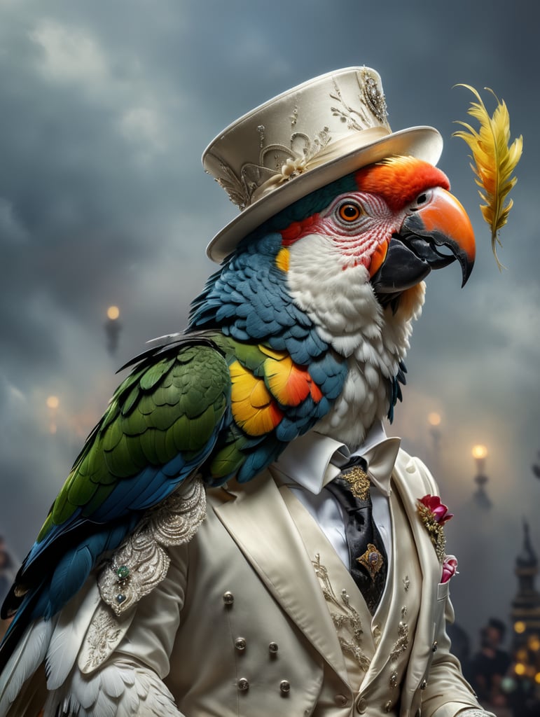 Corella parrot in a tuxedo and hat