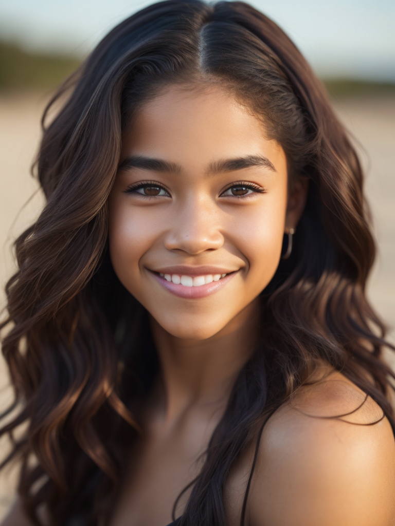 a twelve-year-old, light-skinned mixed race girl who looks like Zendaya, strikingly beautiful, looking at the camera, smiling, sitting on the beach, sand all over her, sunlight reflecting her face, intricate detail, photorealistic, hyper-realistic, 8k photography, high resolution