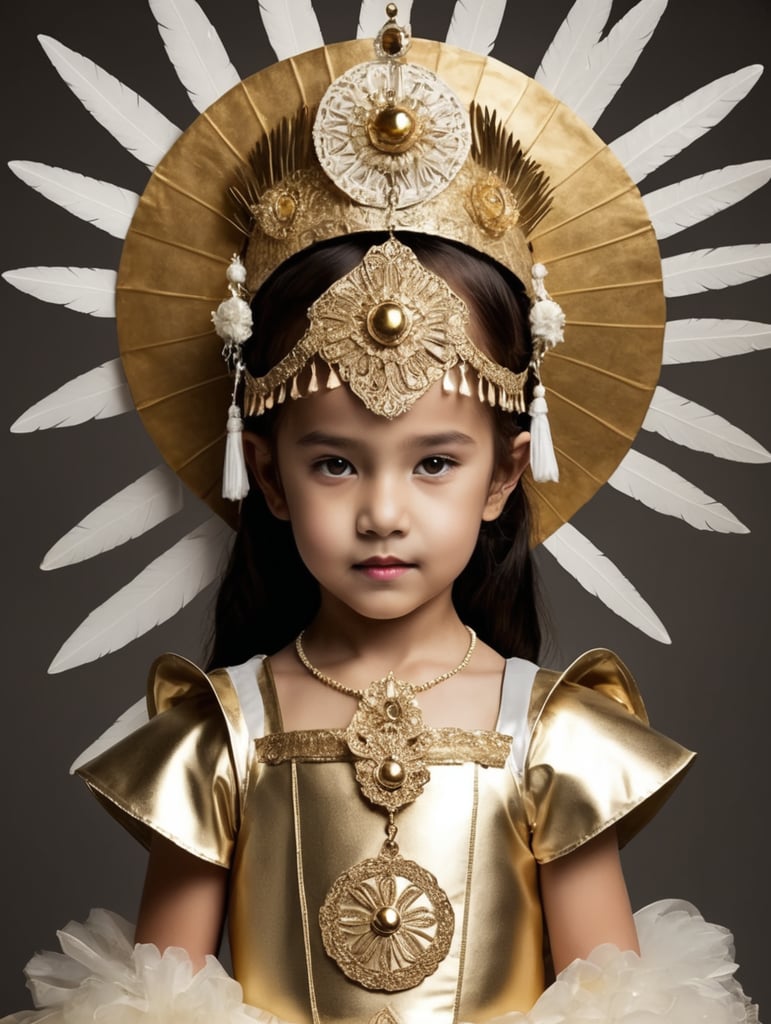 Creative full body the eucharist costume for girl with head dress and props using recycled materials. gold things