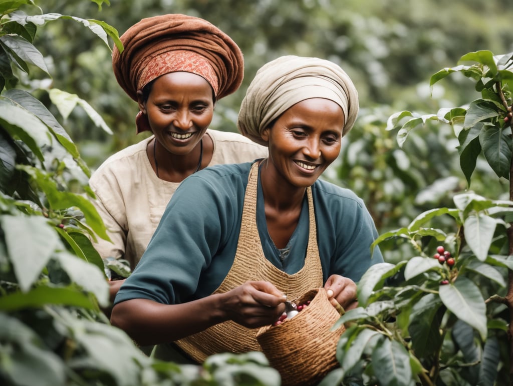 Create a typical ethiopian woman picking coffee from a coffee bush