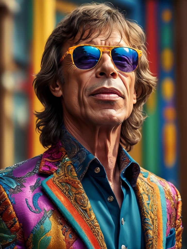Mick Jagger wearing a brightly patterned jacket and wayfarer glasses, Vivid saturated colors, Contrast color