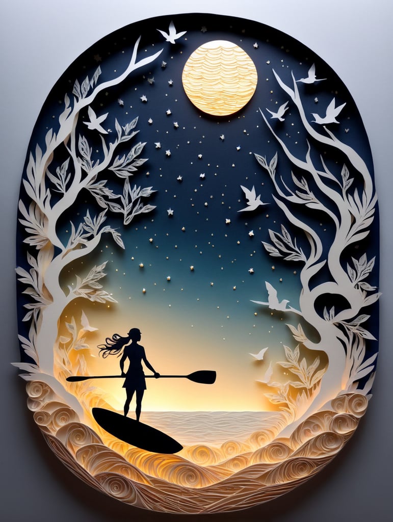 A silhouette of a single female paddle boarder on a lake at night lit by the stars