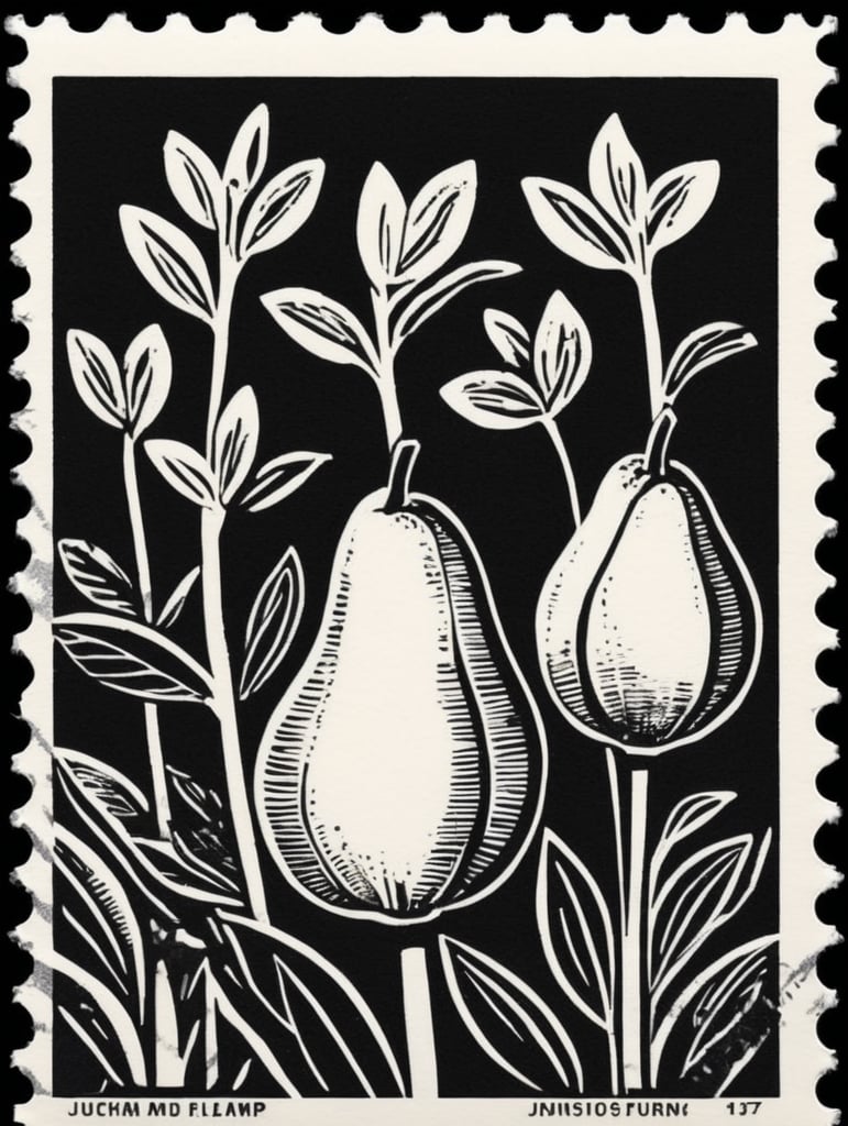 Black and white linocut postage stamp pear garden thick bold dark lines