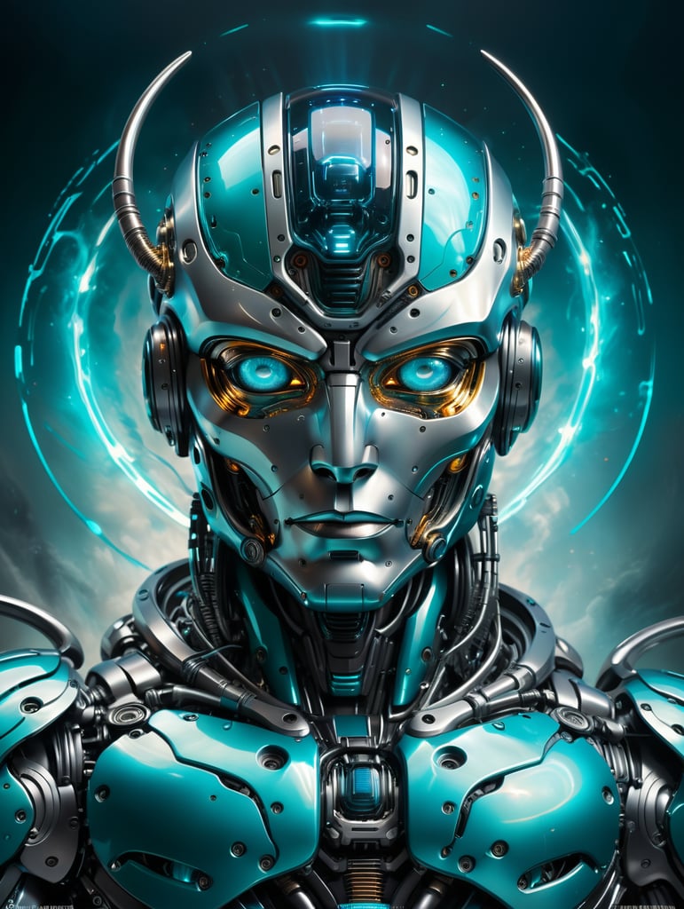 A robotic futuristic deity made of titanium with electric teal energy flowing trough the body. soft light, cosmic halo, Intense teal blue and black colors. Digital art, hyper detailed, masterpiece, high quality, depth of field, ultra HD, abstract