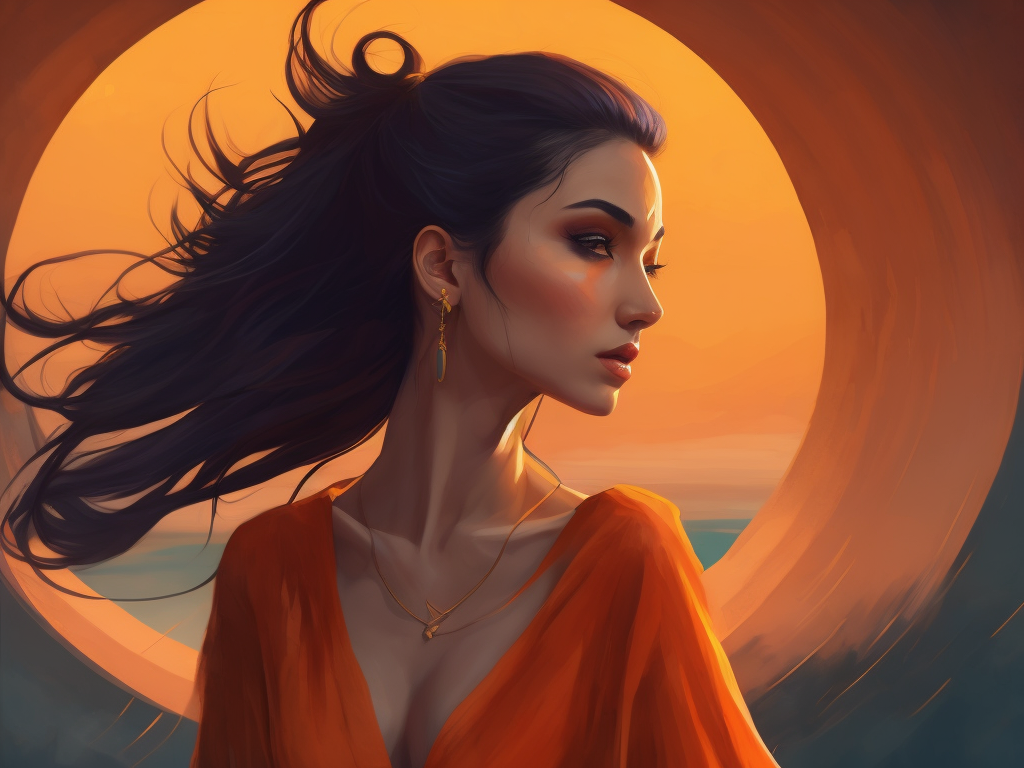 lounge style, summer, breeze, neon, red and orange glow, 4k, digital painting, highly detailed, beach, sunset, woman, vector illustration character, grain