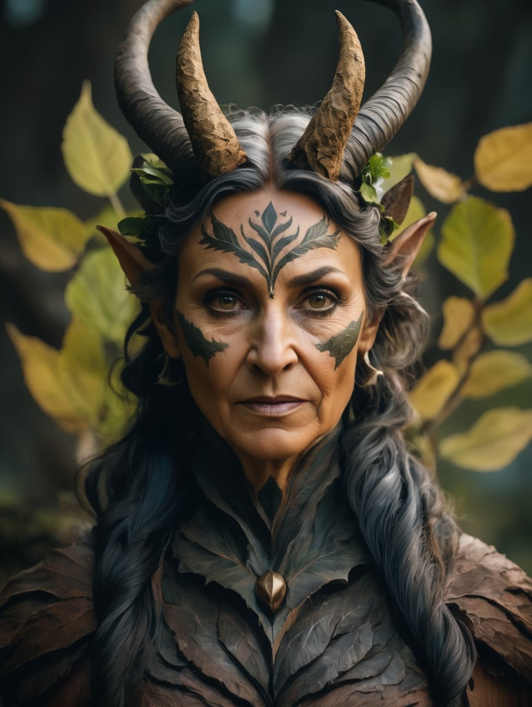 Ultrafine portrait of an old female faun, with a skin made of wood, looking at the camera, front view, with short and curve horns on her head, leaves on its hair, god of nature, sharp details,inspired by poison ivy from Batman,