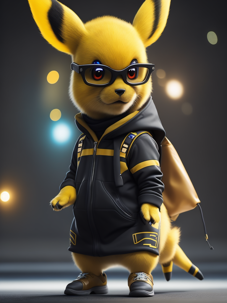 cute stylish Pikachu dressed in stylish futuristic sportswear clothes, big sneakers and a futuristic glasses