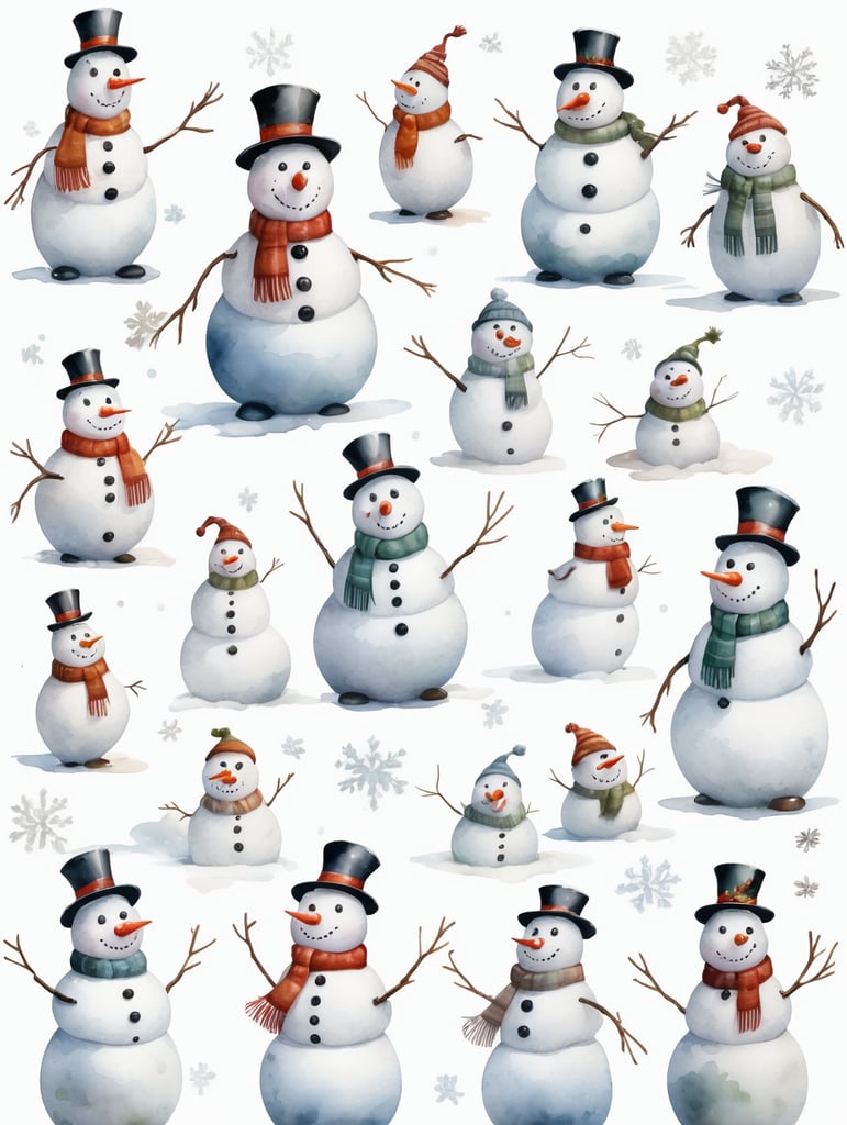 Snowman, different angles and expressions, full body only character sheets, multiple poses, white background, whimsical watercolor