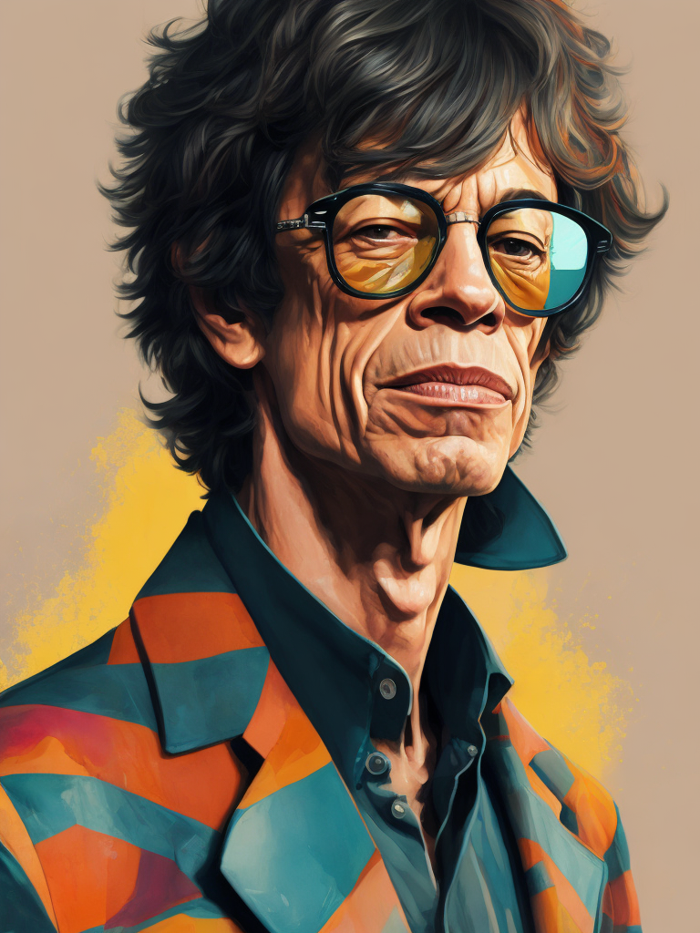 Mick Jagger wearing a brightly patterned jacket and wayfarer glasses, Vivid saturated colors, Contrast color