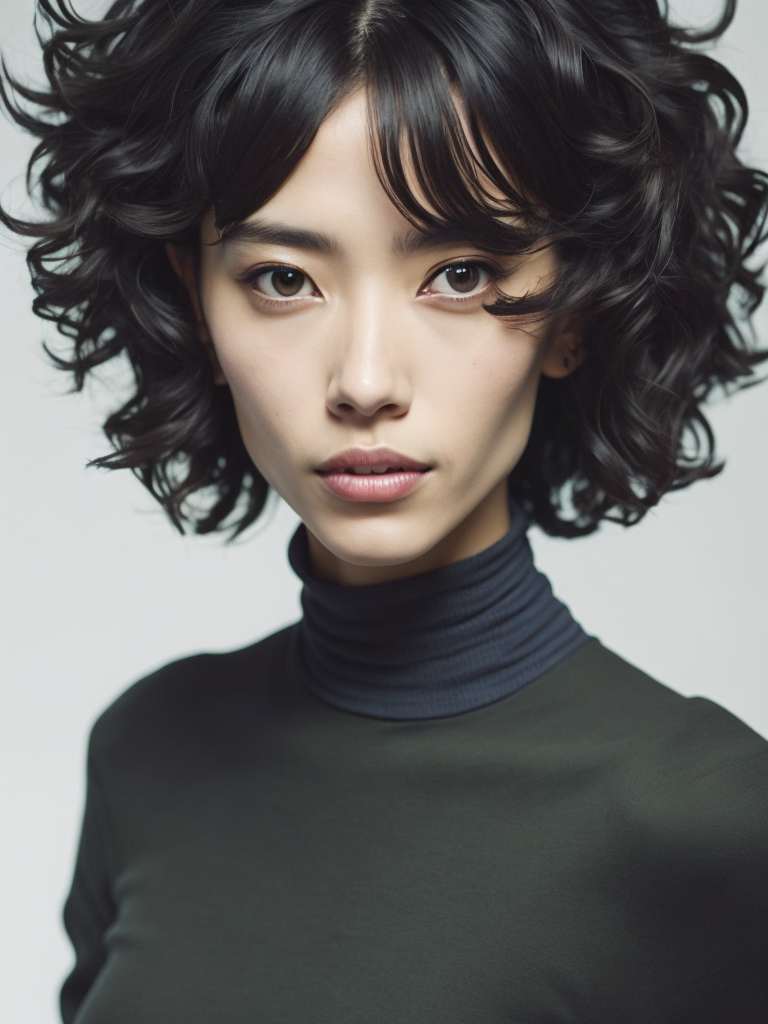 asian woman with short curly hair, wearing a turtleneck neck, anime manga art style