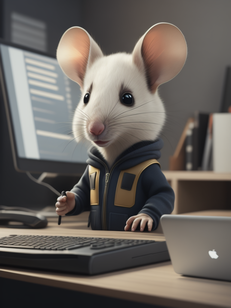 Cute white mouse look like a human stylized as a software engineer near the computer