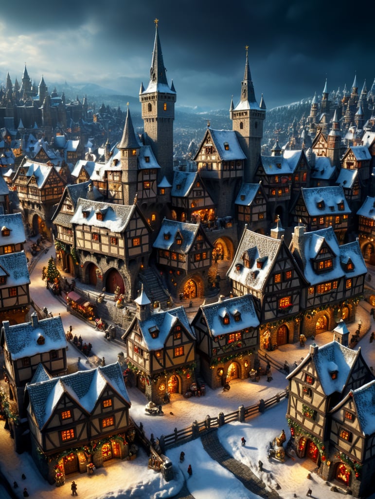 tilt shift photography of a Christmas medieval fantasy miniature city, depth of view, sunny, at night, snowy weather