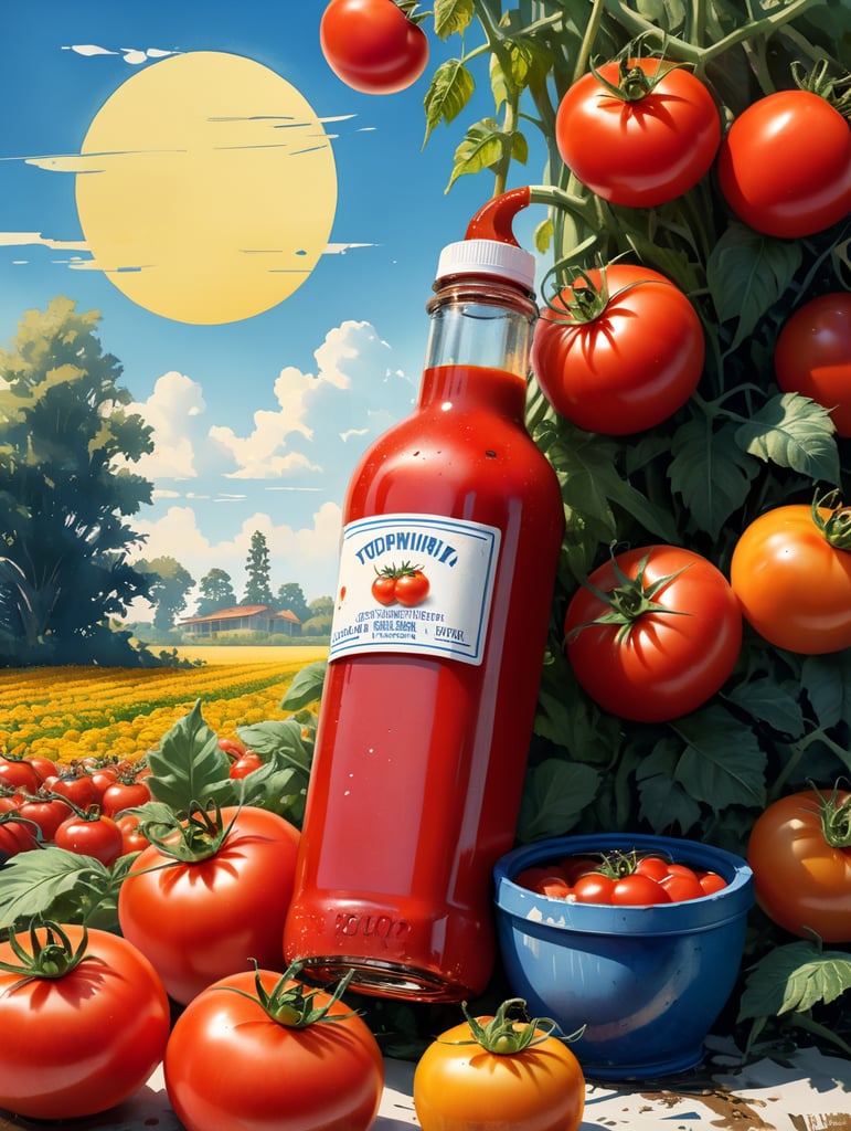 several red tomatoes stacked together forming a ketchup bottle with some leaves around it, beautiful tomato plantation in the background and a blue sky, short grass and yellow flower, creamy light, ambient lighting, beautiful colors