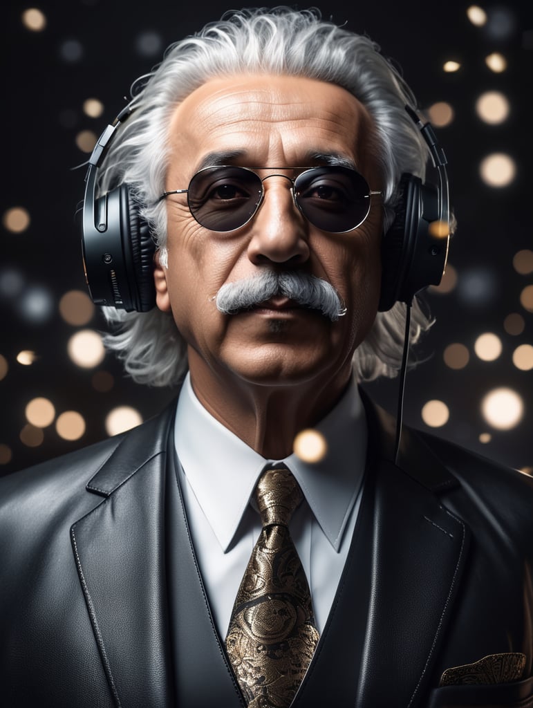 cinematic photo of Albert Einstein in DJ style. Dressed in a dark leather suit, rayban sunglasses perched on his nose, holding his headphone in his hand like a true boss. Money raining down around him, crisp dollar bills fluttering in the air. A sleek sports car in the background, doors open, ready to ride. Einstein's confident smirk, a swagger in his stance, the embodiment of intellectual cool and unapologetic brilliance. 35mm photograph, film, bokeh, professional, 4k, highly detailed, vibrant, stunningly beautiful, high contrast, ultra-modern