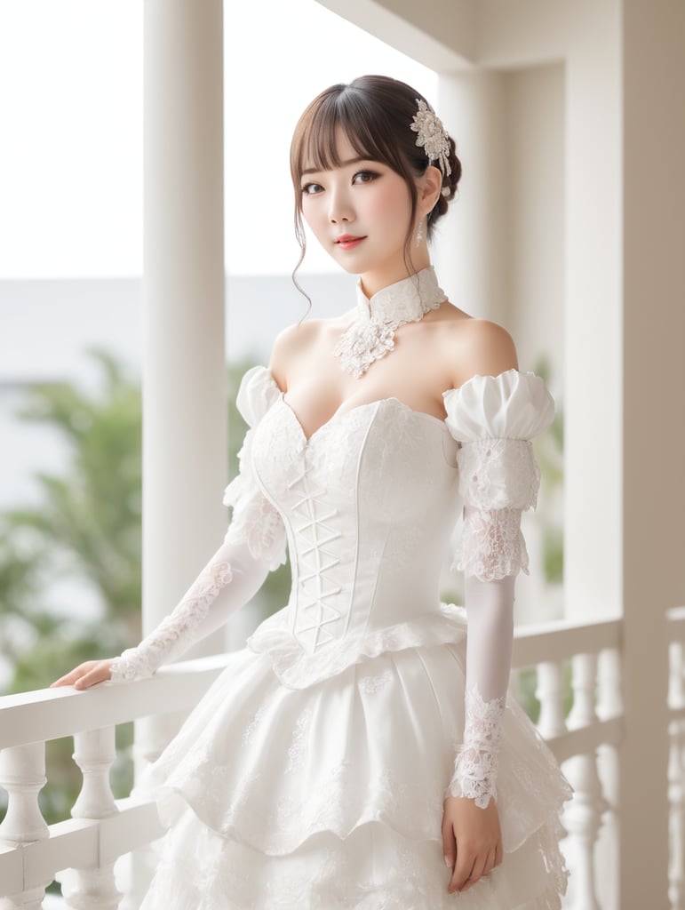 Tanaka hitomi wearing fancy dress, standing by balcony