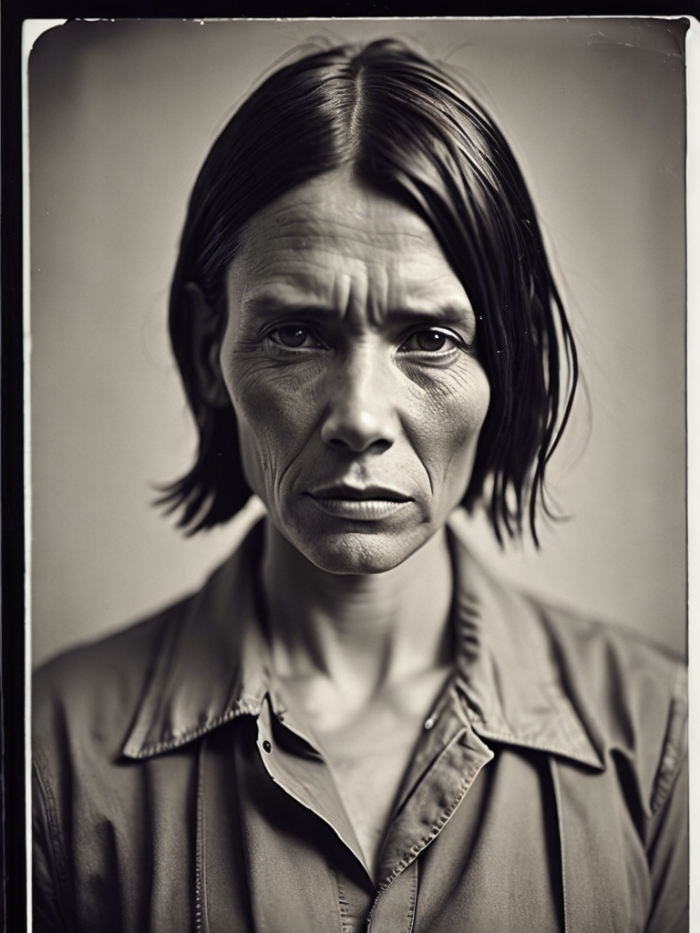 a wet plate photograph of a blind farmer with dark bob haircut, neutral emotions on her face