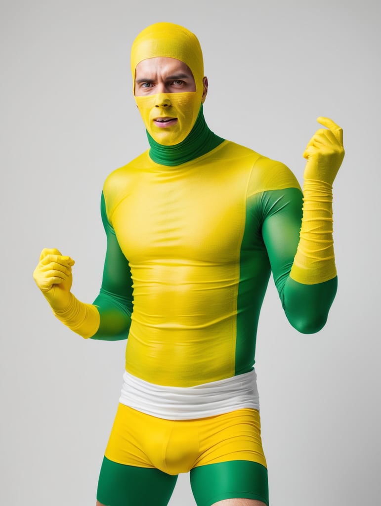 A photograph of man covered in yellow bandages with realistic style, halloween costume, green background, full body, show hands, show neck and head