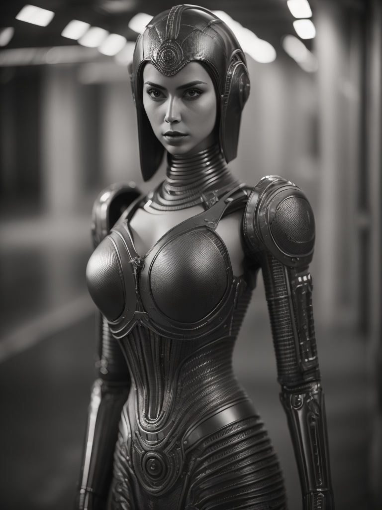 Female robot, Giger style, black and white, high contrast, metal face, many details, slim, stylized body