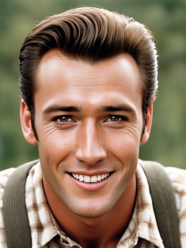 white, 17-year-old male.he has a heart shaped face, soft jaw, no facial hair and a slightly upturned nose. His lips are on the thinner side, but not super thin. His eyes are a beautiful brown shade.He has short medium honey blonde hair styled with grease, kind of resembling Elvis guy Madison. He has freckles on the face from spending time in the sun and deep dimples on both sides of his mouth. He looks happy, like sunshine. Laughing maybe He wears an old flannel over a white tshirt. set in Tulsa, OK, 1965.