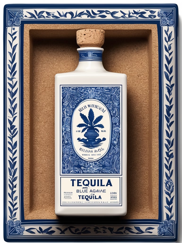 Design ceramic tequila square bottle with rectangular cork that’s sophisticated, luxurious, modern and timeless for new global brand that is preferred by premium wealthy drinkers. Mexican blue agave label. Bottle has minimal pattern and features Mexican heritage and culture in Jalisco area.