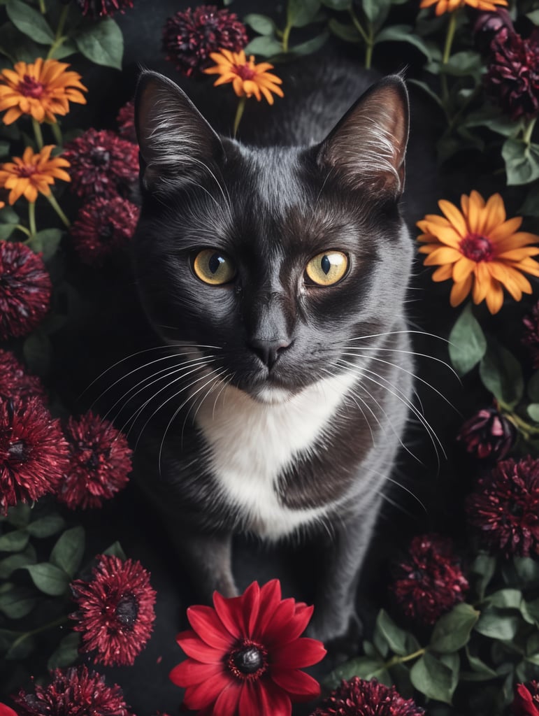 A black cat is surrounded by black flowers and red flowers in a pile of them, looking up at the camera, a stock photo, conceptual art, photorealistic