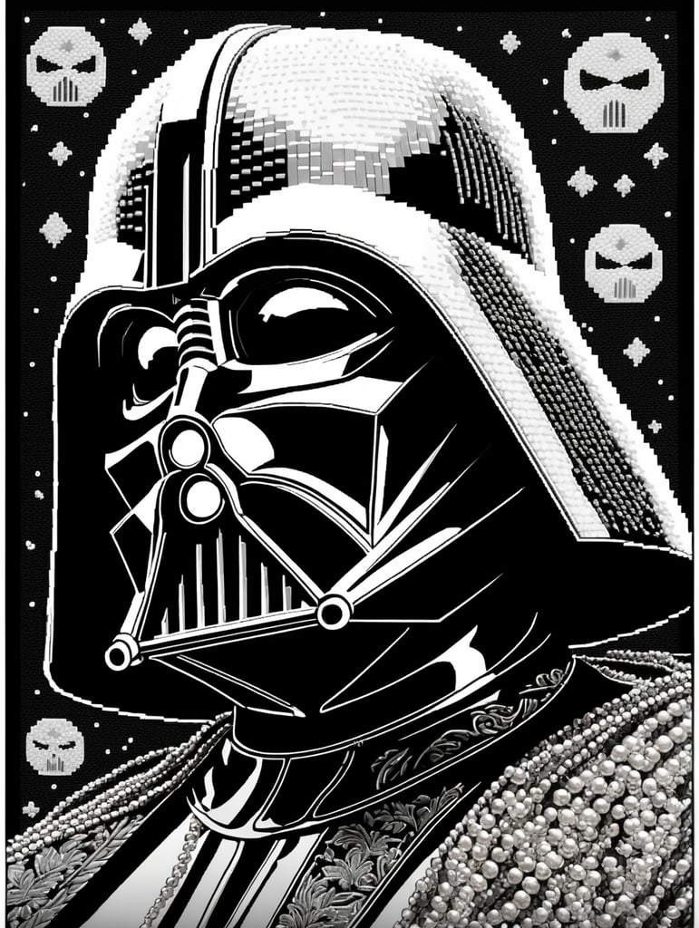 cross stitch pattern with Darth vader in the style of fujifilm natura 1600, white and black, expressive comic panels, made of beads and yarn, craftcore, skillful, free brushwork