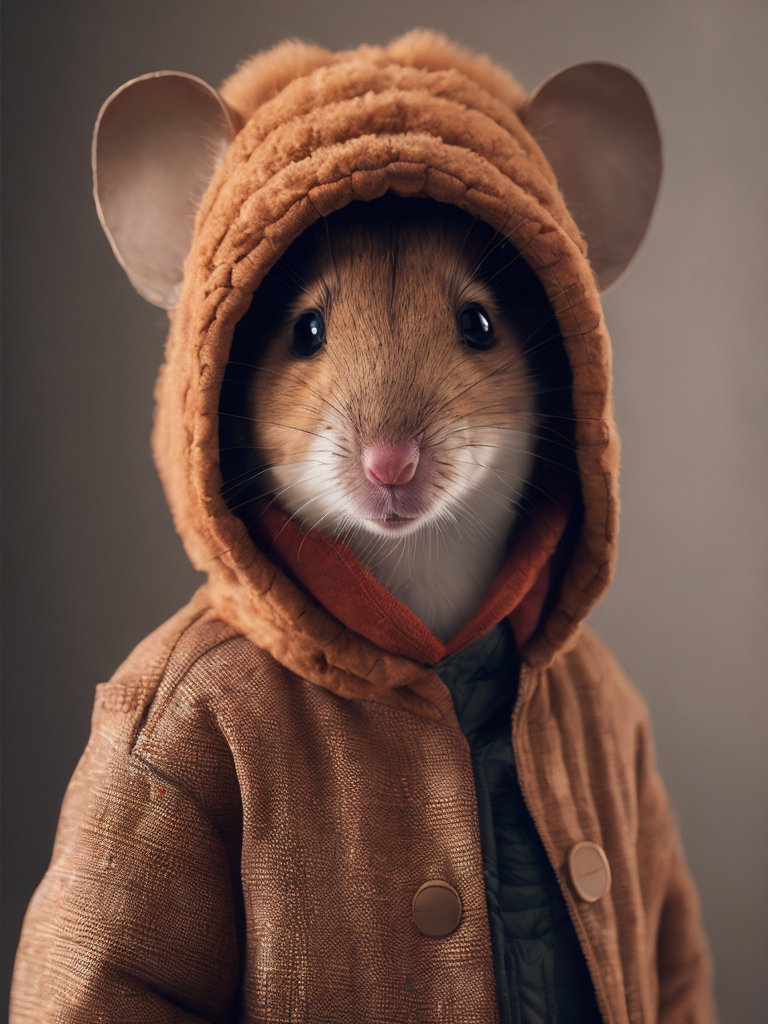 Cute mouse in winter wearing jacket and hat, in the style of reylia slaby, ben wooten, terracotta, colorful fauna