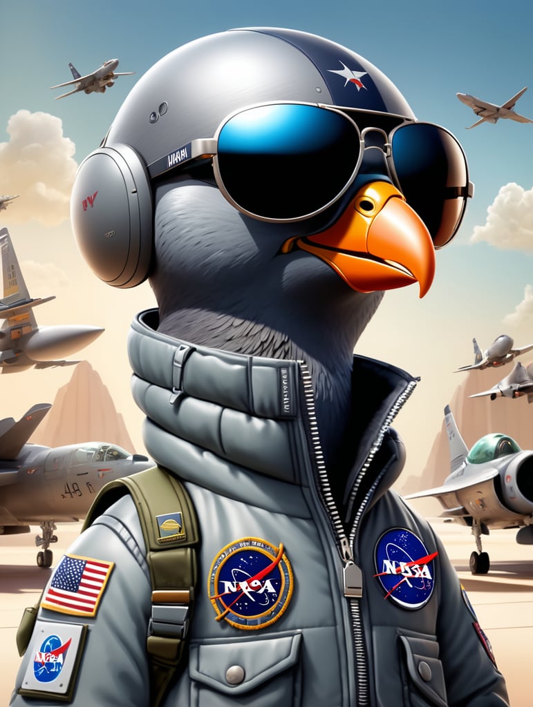 a 3D Pixar art poster featuring a cute looking full size pigeon with two grey strips wearing a aviator rayban sun glasses and a nasa air force jacket with a name badge written its name "Doori" with a fighter aircraft F14 resting at the back.