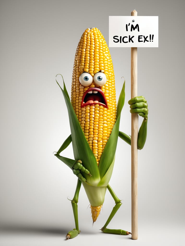 a realistic angry Genetically modified corn holding a sign "I'm sick!", WHITE background