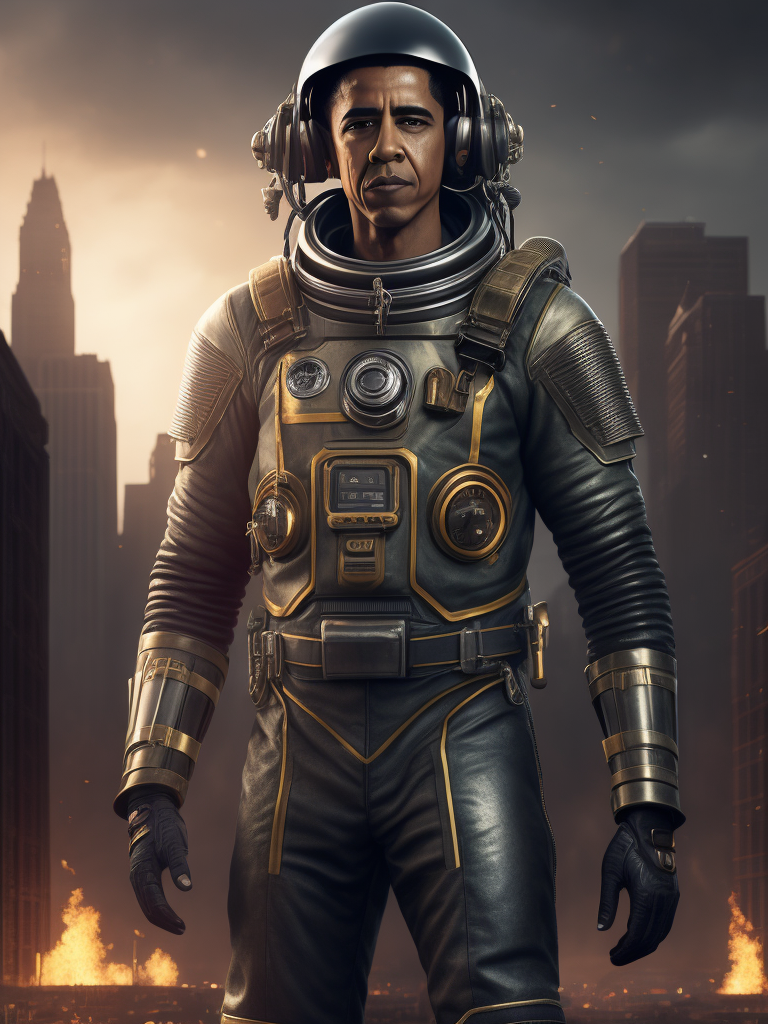 Brack Obama wearing a metallic retro space suit, with a destroyed city background