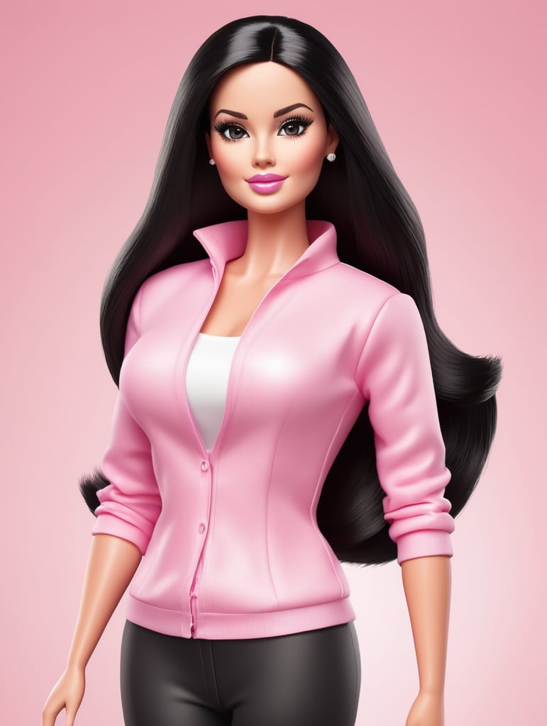 Simple vector illustration of an adult barbie, oval face with thick body, white skin color, black straight hair wearing pink clothes