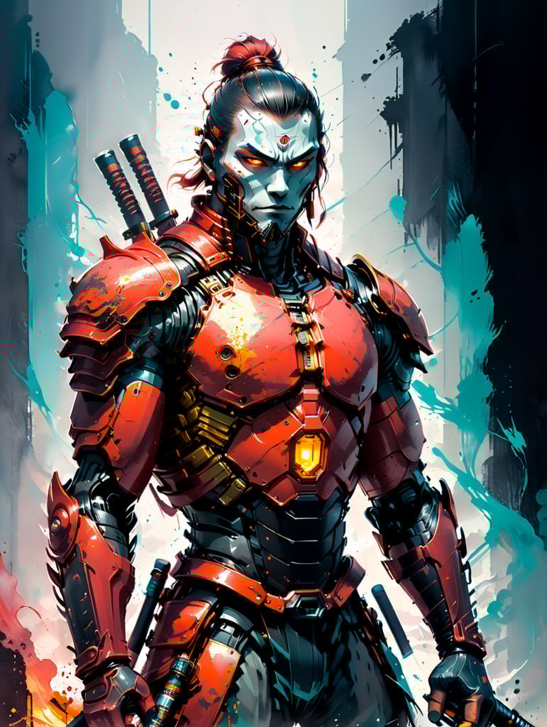 cyborg samurai in red armor holding a glowing black katana in each hand