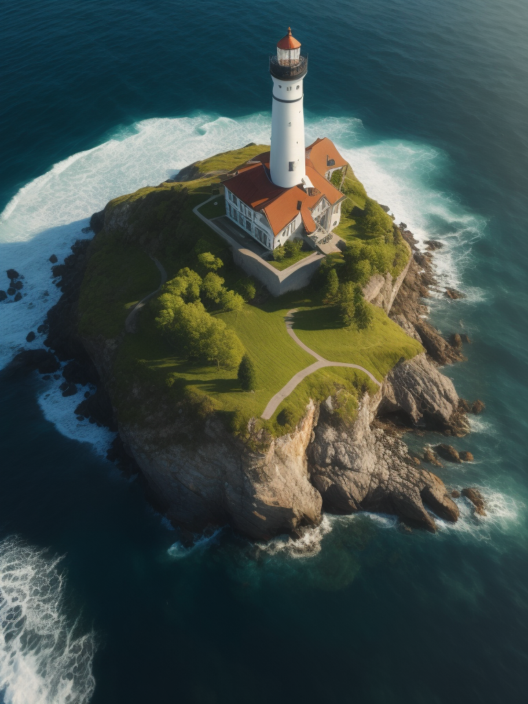 Drone photography, aerial view, Lighthouse island, Hyperdetailed, Beautiful landscape, Rocky cliffs, grass, Surreal, ocean, Coastal, Natural lighting, shadows, Chiaroscuro, waterfall, Hdr, 8k, wallpaper, Ivan Shishkin, Dustin Lefevre, intricate detail, Photorealistic