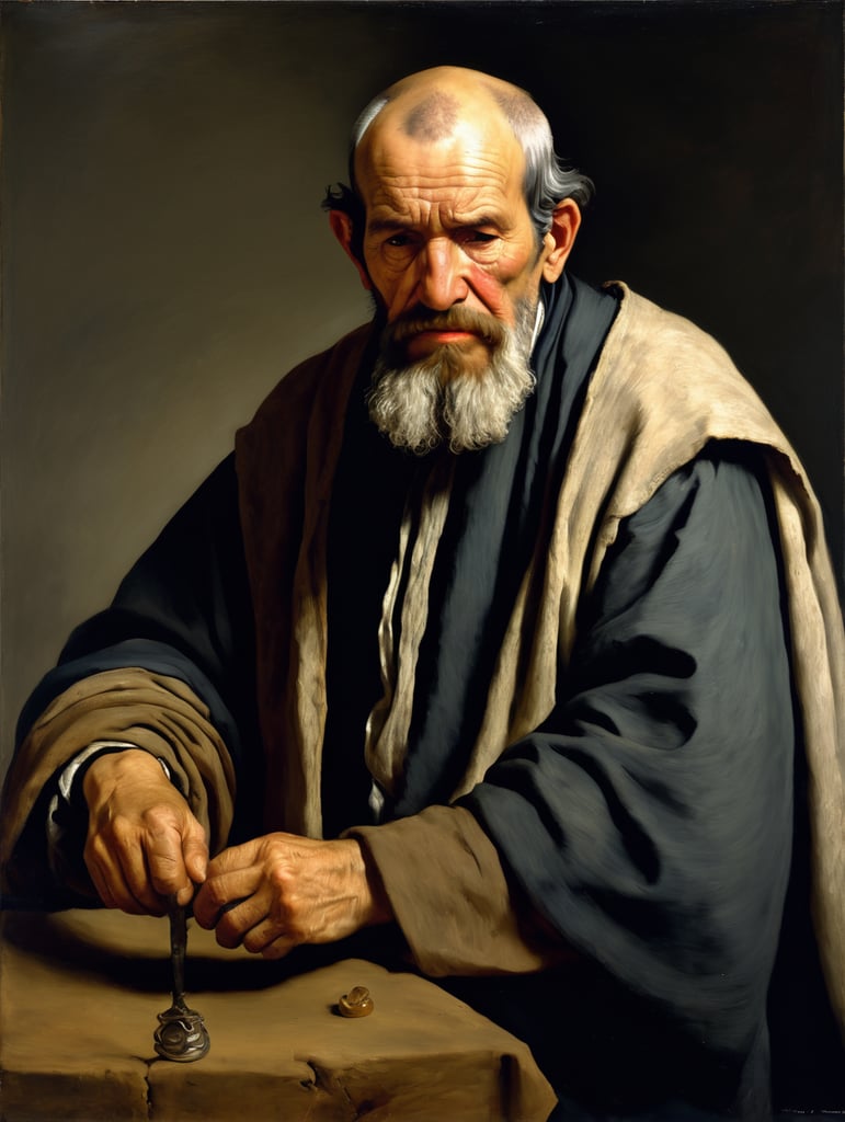 A masterpiece painting by Diego Velázquez, fullshot view of a bearded old man, suffering, the man does not want to pay high taxes and gives away his last goat