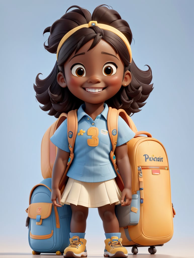 Estudante infantil feminina, de pele negra, sorrindo, com os braços para cima