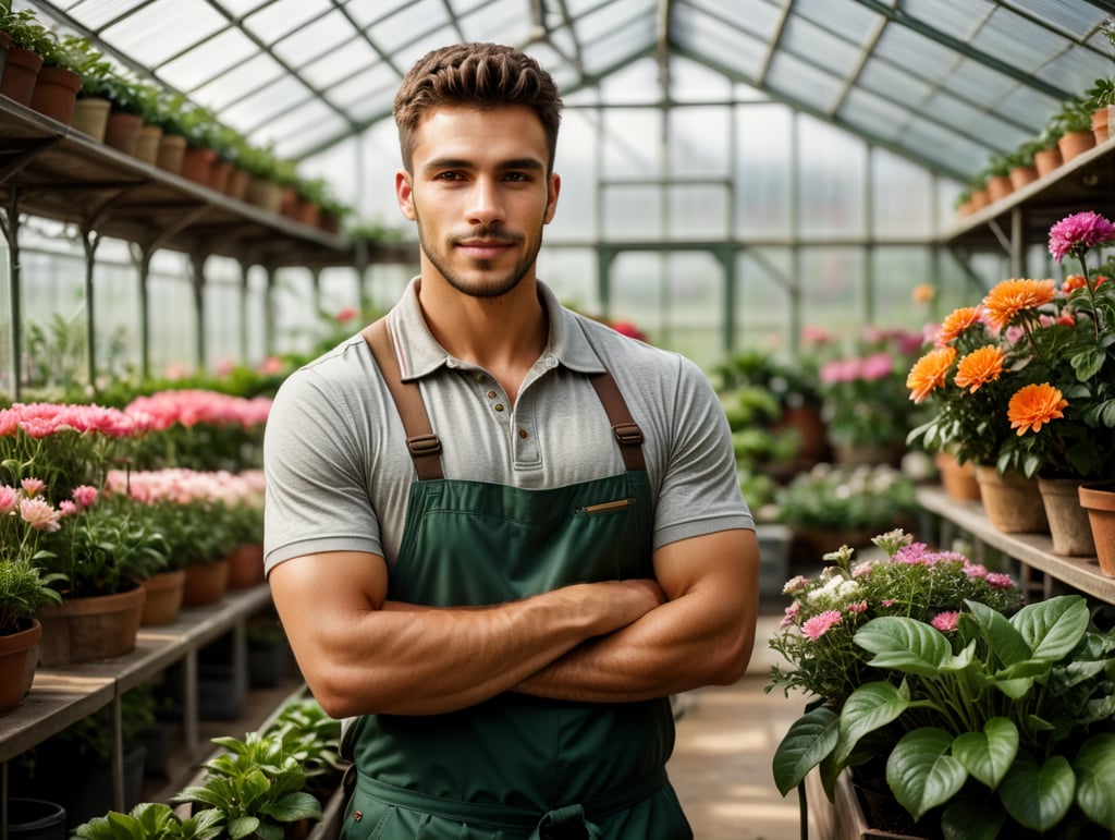 Realistic photography of a handsome young male florist gardener posing in greenhouse. Small business owner in flower shop