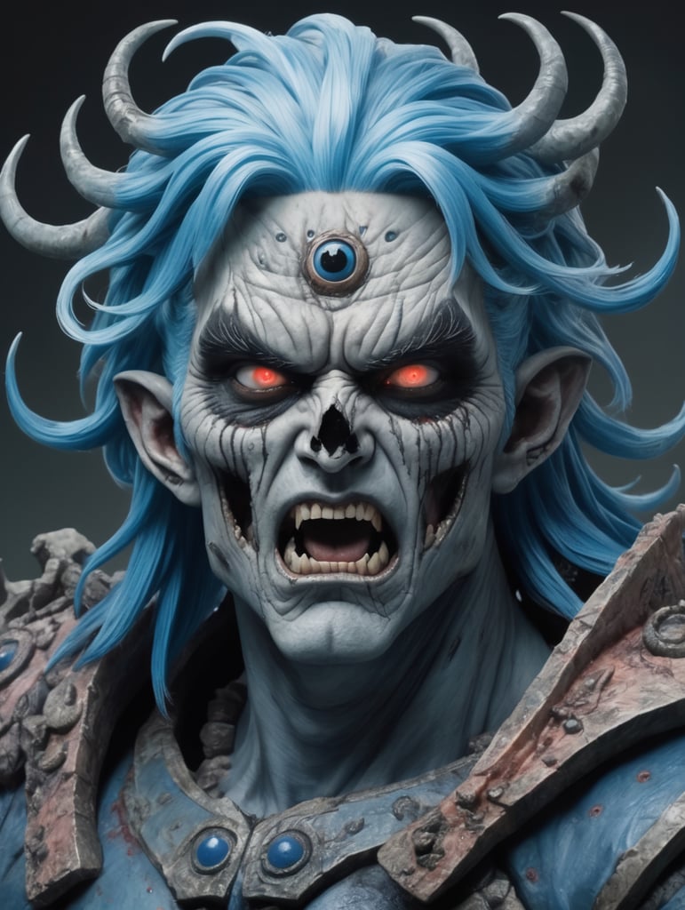 anime, a mound of flesh creature, with solid black eyes, and blue hair surrounding it.