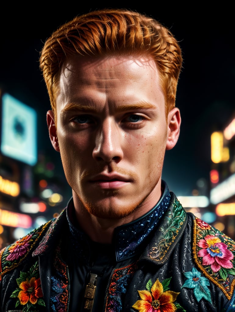 Beautiful ginger man with freckles, wearing a colorful, vibrant, detailed embroidered jacket, medium-full shot, at night