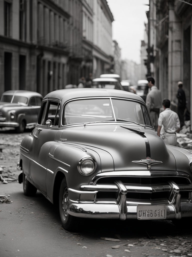 black and white photo of a 1952 Gray Chevrolet goes through bombed European city, world war 2