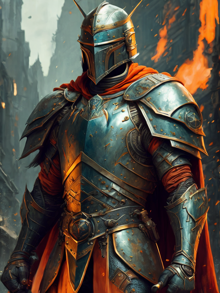 Medieval knight, iron armor, after the battle, epic photo