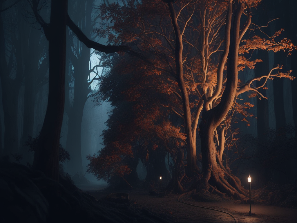 a group of creepy looking trees in a dark forest with a light shining on them and a creepy face, concept art, neo-figurative, Android Jones, bloodborne