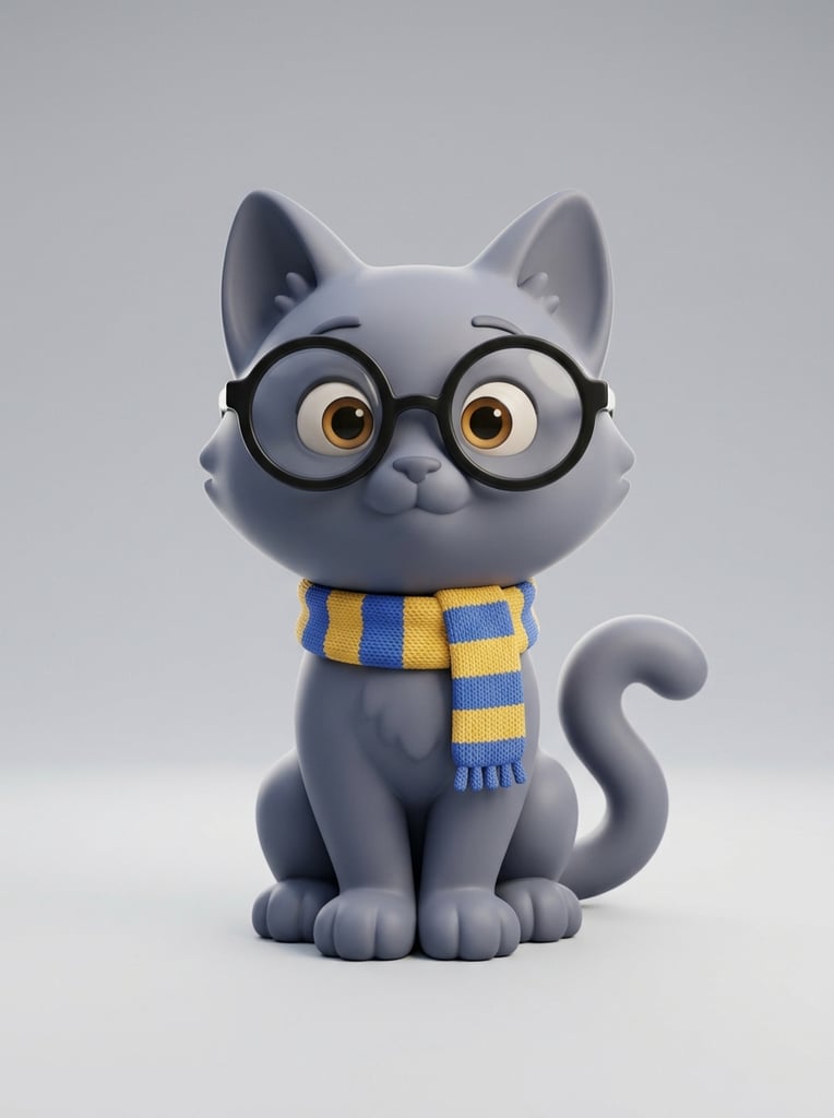 A 3D rendered matte grey cat figurine sits on a seamless light grey background. The stylized feline has an oversized head, large ears, and wide eyes, wearing thick round black eyeglasses and a yellow and blue striped scarf. Soft diffused lighting highlights its smooth vinyl texture.