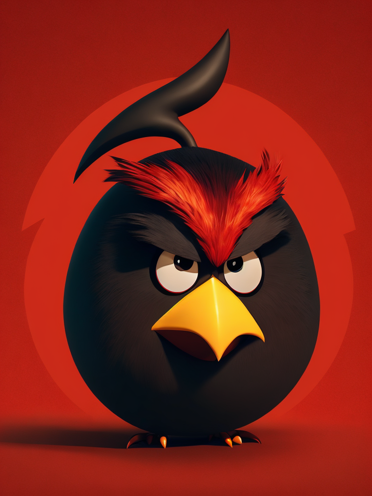 angry birds, black round bird on red background, standing centered in 3D style, rendered using beautiful Disney animation, Pixar style, Disney style, 3D style