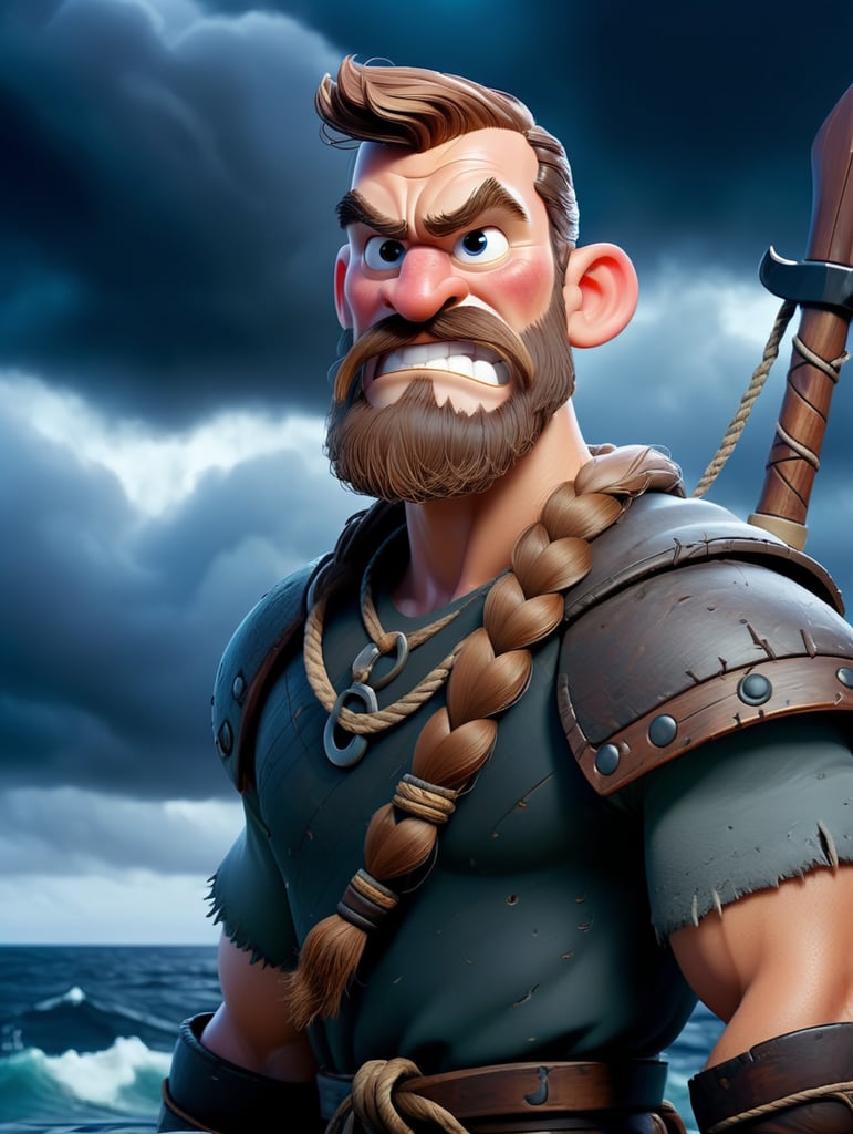 A portrait of viking warrior at the boat in the ocean, stormy weather