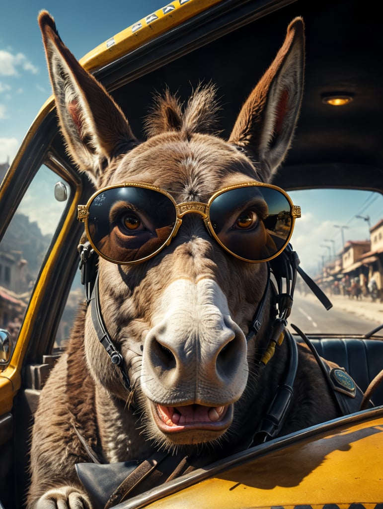 Donkey taxi driver, donkey sitting behind the wheel of a taxi, close-up shot, sunglasses