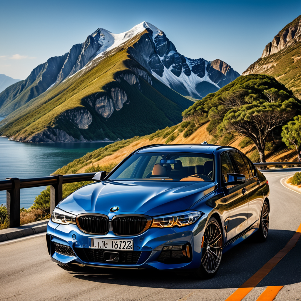 A beautiful BMW Sedan standing on the mountain road,Car Bonnet Stripes Graphics Hood, blue sea in the background of car, highly detailed car,highly detailed orange line on the car bonnet, highly detailed matt finish colour, highly detailed Alloy Wheels, Orange road, ultra realistic, photorealistic, 32k.