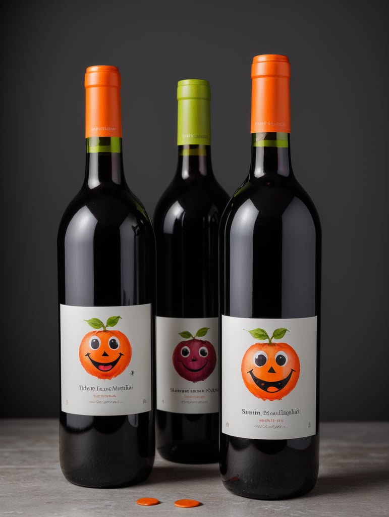 dos botellas de vino tinto con etiquetas ilustradas por un niño de kinder con caras felices y personajes de palitos con colores vibrantes, las botellas que sean de acrilico de color naranja y verde fosforescente. en set fotografico profesional minimalista con fondo gris obscuros