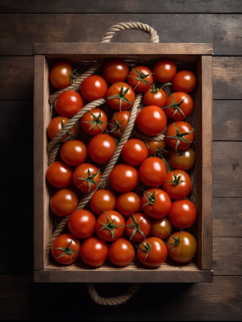 Top view. A brown wooden box filled with tomatoes, a box with thick rope handles, lies on a wooden table, studio lighting, the tomato have high-quality peel, Photo from above, top view, highly detailed photo, high quality photo, studio photo