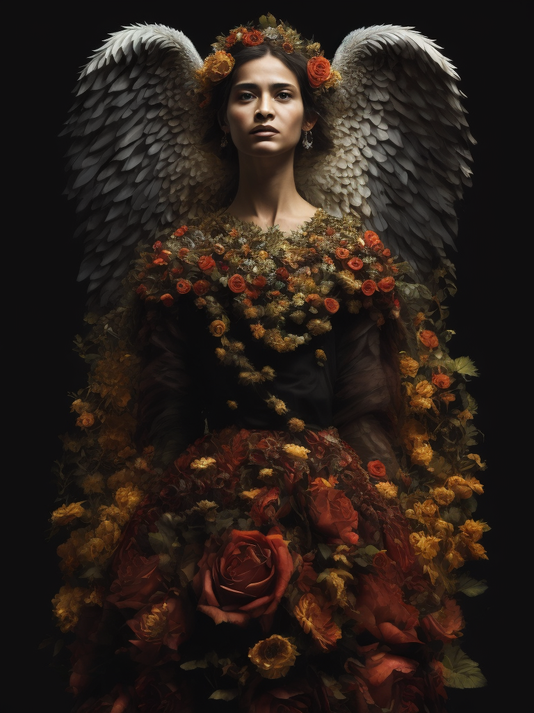 A black background half body portrait of an angel in a dress made of flowers by zdzisław beksiński and steve mccurry and yoshitaka amano, in style of digital illustration art, rembrandt lighting, hyper detailed, sharp focus